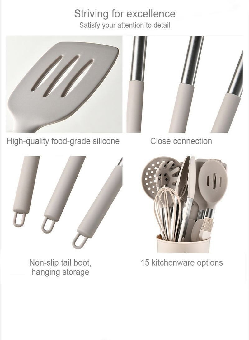 Arahome 15-Piece Stainless Steel Handle Silicone Kitchen Utensil Set - Food Grade Non-Stick Cooking Spatula, Spoon & Baking Tools - Heat Resistant for Home Use(Black) - Image 2