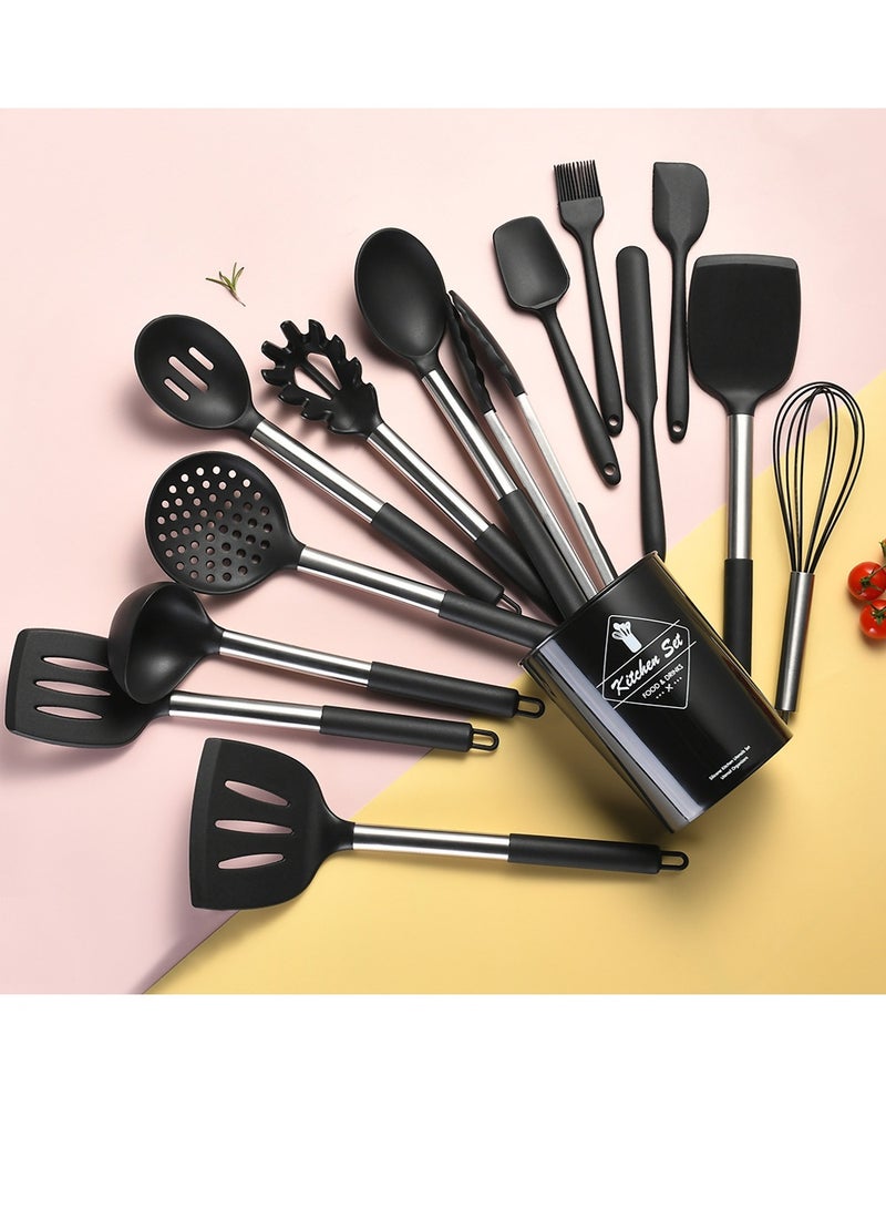 Arahome 15-Piece Stainless Steel Handle Silicone Kitchen Utensil Set - Food Grade Non-Stick Cooking Spatula, Spoon & Baking Tools - Heat Resistant for Home Use(Black) - Image 5