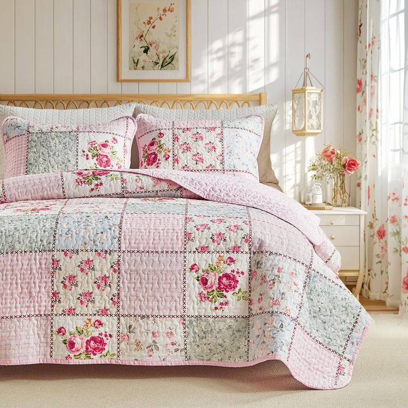 Joyreap Floral Cotton Quilt Set Pink Aqua Flowers Grid Patchwork Design for Spring 3 Pieces King Size Quilt Bedding Set Soft n Cozy Bedspread Bed Cover for All Season 102x90 inches - Image 2