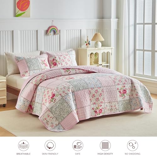 Joyreap Floral Cotton Quilt Set Pink Aqua Flowers Grid Patchwork Design for Spring 3 Pieces King Size Quilt Bedding Set Soft n Cozy Bedspread Bed Cover for All Season 102x90 inches - Image 3