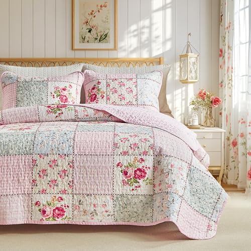 Joyreap Floral Cotton Quilt Set Pink Aqua Flowers Grid Patchwork Design for Spring 3 Pieces King Size Quilt Bedding Set Soft n Cozy Bedspread Bed Cover for All Season 102x90 inches - Image 1