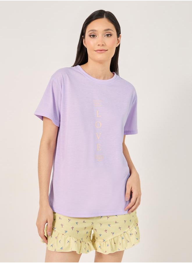Styli - Love Slogan T-Shirt and Printed Ruffled Hem Shorts Set - Image 1