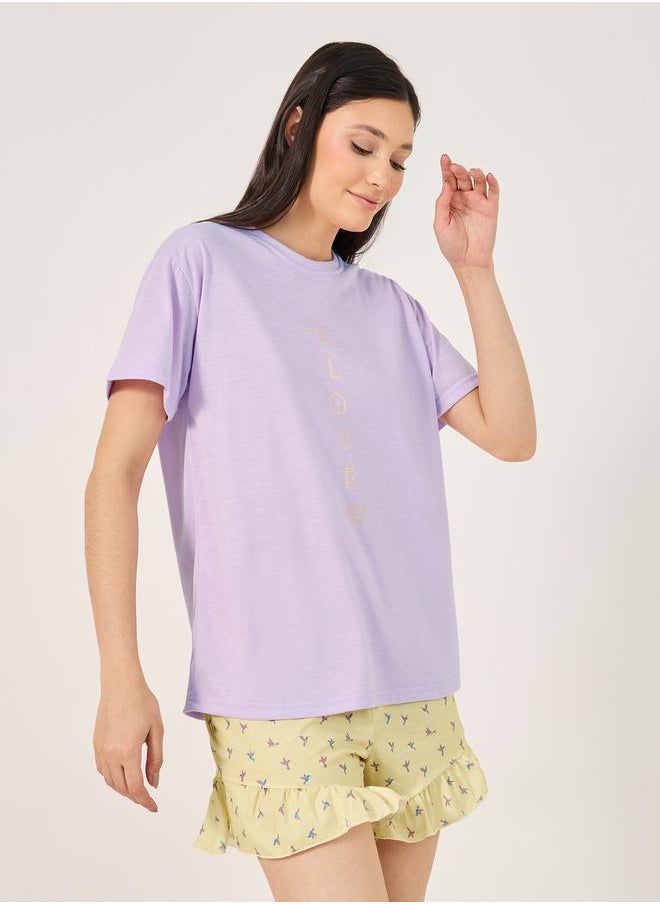 Styli - Love Slogan T-Shirt and Printed Ruffled Hem Shorts Set - Image 1