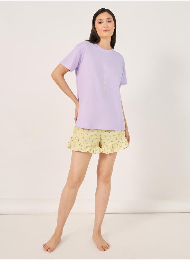 Styli - Love Slogan T-Shirt and Printed Ruffled Hem Shorts Set - Image 1