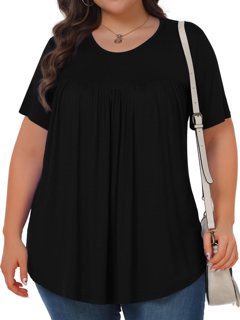Tencede Womens Plus Size Tops Tunic Short Sleeve Crew Neck Shirts Casual Soft Blouse Black 3X - Image 2