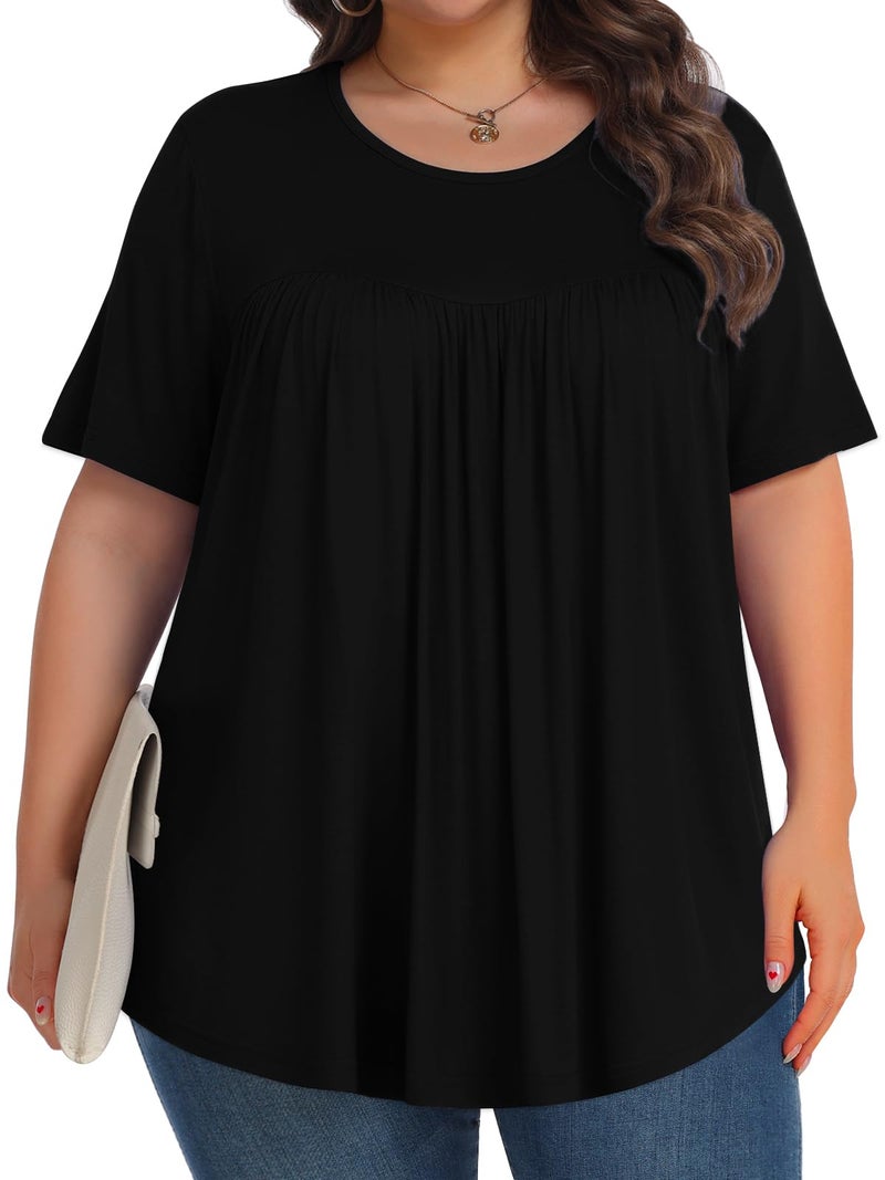 Tencede Womens Plus Size Tops Tunic Short Sleeve Crew Neck Shirts Casual Soft Blouse Black 3X - Image 3