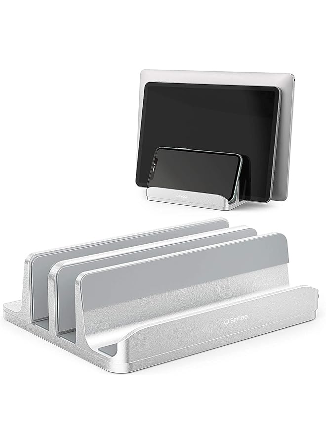 SMILEE Vertical Laptop Stand For Desk Heavy Duty Polished Aluminum Desktop Holder For Laptop Tablet And Phone 3 Slots Silver  - Image 1