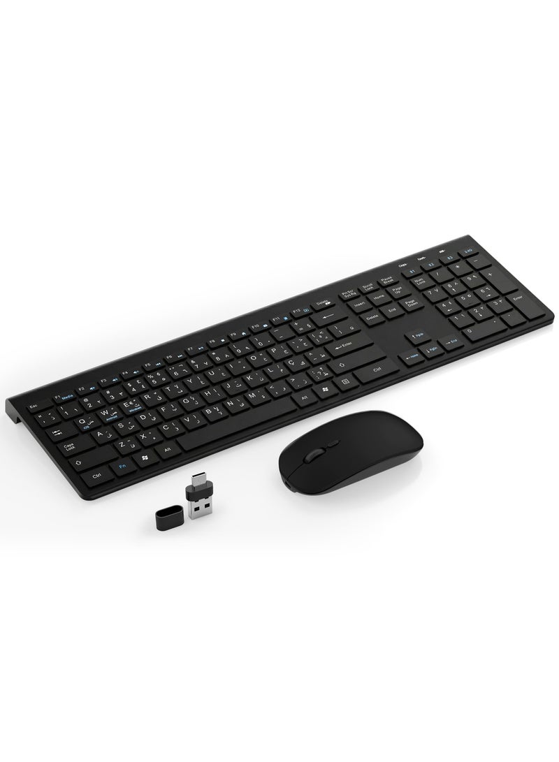 Yakiter Arabic/English Keyboard and Mouse Rechargeable,Yakiter USB A & Type C Receiver 2.4G Wireless Mouse and keyboard,Type C charging Computer Keyboard and Mouse for PC, Laptop, Desktop, Phone（Black） - Image 1