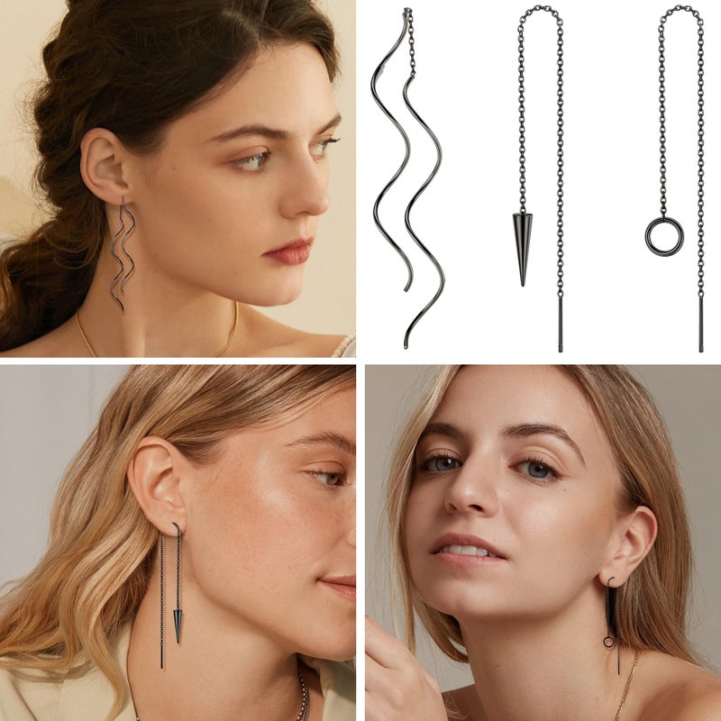ORAZIO 6 Pairs Stainless Steel Chain Tassel Earrings for Women Lightweight Wave Threader Ball Dangle Drop Minimalist Chain Earrings Set Black Plated - Image 4