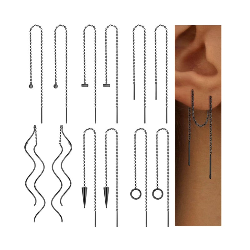 ORAZIO 6 Pairs Stainless Steel Chain Tassel Earrings for Women Lightweight Wave Threader Ball Dangle Drop Minimalist Chain Earrings Set Black Plated - Image 1