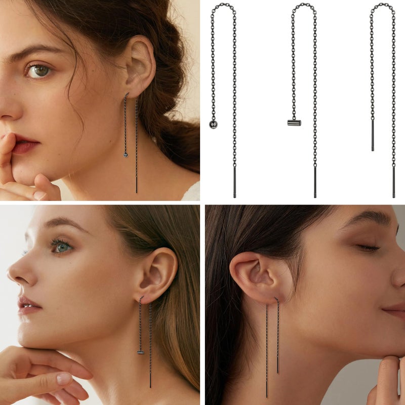 ORAZIO 6 Pairs Stainless Steel Chain Tassel Earrings for Women Lightweight Wave Threader Ball Dangle Drop Minimalist Chain Earrings Set Black Plated - Image 3