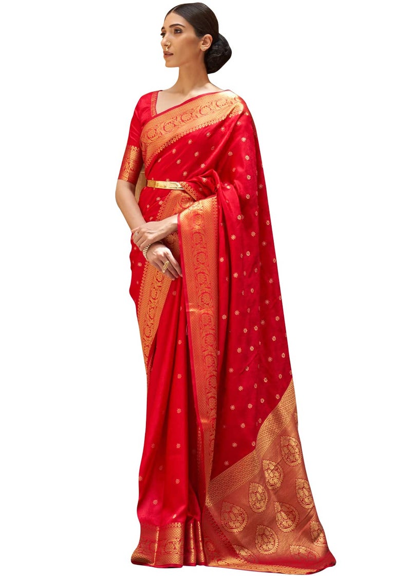 SGF11 Women's Kanjivaram Soft Silk Saree With Unstitched Blouse Piece (Red) - Image 1
