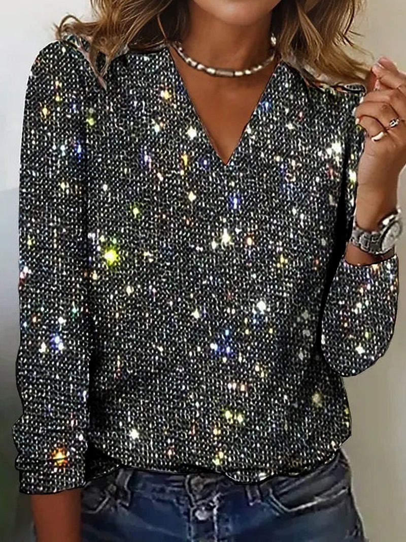 Popular Cross-Border and Independent Site Elegant V-Neck Commuting Elegant Solid Color Sequin Long-Sleeve Top - Image 1