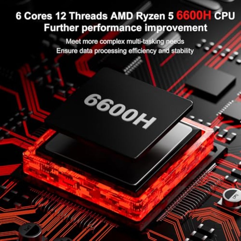 AM02 Mini PC AMD Ryzen 5 6600H Beat to Core i5-13420H + AMD Radeon 660M (حتى 4.5 جيجا هرتز/6H12T)، 16 جيجا LPDDR5 512 جيجا SSD، كمبيوتر مكتبي صغير الحجم ثلاثي العرض للأعمال والمنزل - Image 5