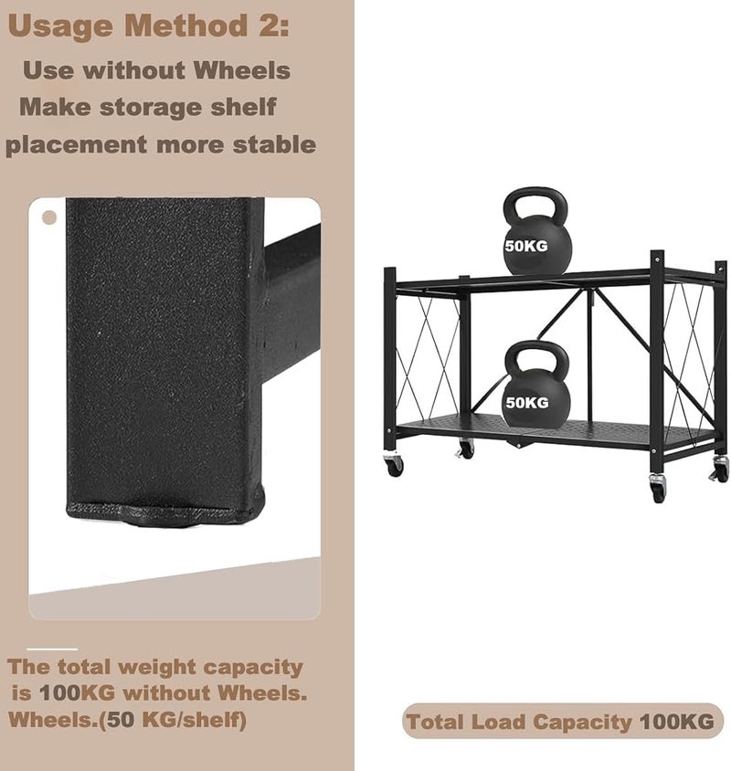 Bentifar 2 Tier Thickened Foldable Storage Rack with Wheels,No Assembly,Large Capacity Shelves,Heavy-Duty Metal Shelving Unit Rolling Cart for Garage, Kitchen, Basement, Pantry(Black, 2-Tier) - Image 4