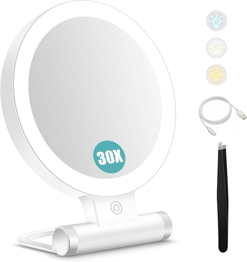 B Beauty Planet Magnifying Mirror with Light 30X, Double-Sided 1X/ 30X Magnifying Makeup Mirror with Tweezer, 2000mAh 3 Colour Modes with Adjustable Brightness,Foldable Compact Travel Mirror
