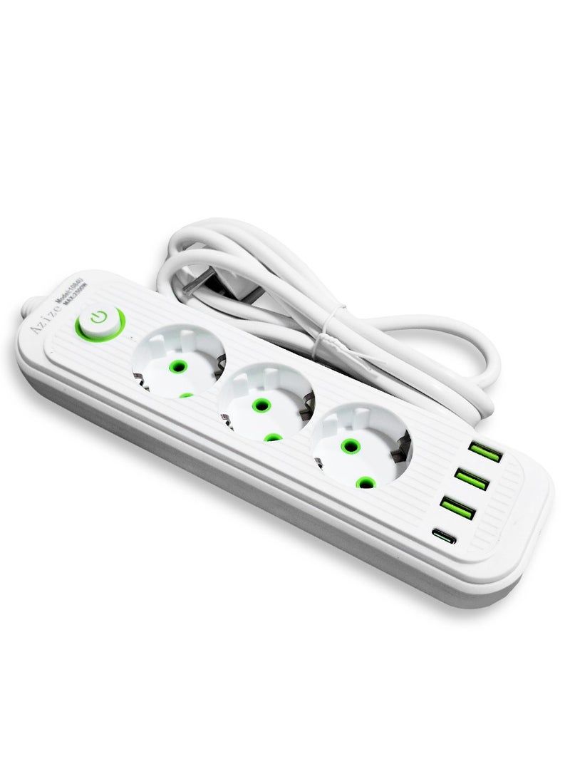 Generic Safety Electric Power Outlets Sockets 1084U , Multi Power Strip Surge Protector With 3 Outlets 2500W , Fast Charging Power Plug Extension Socket with 3 USB Port and 1 Type-C - White  - Image 2