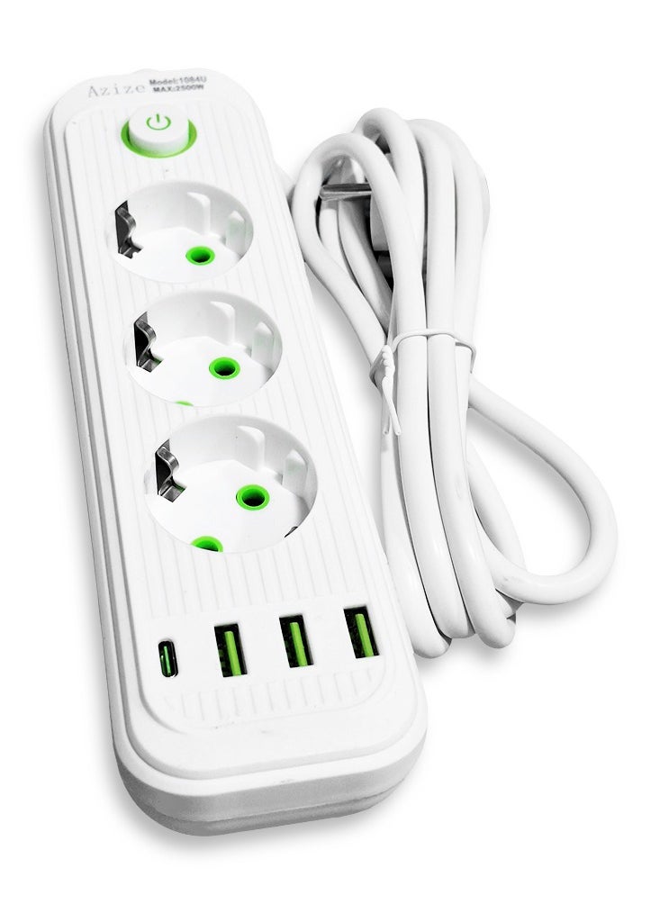 Generic Safety Electric Power Outlets Sockets 1084U , Multi Power Strip Surge Protector With 3 Outlets 2500W , Fast Charging Power Plug Extension Socket with 3 USB Port and 1 Type-C - White  - Image 3