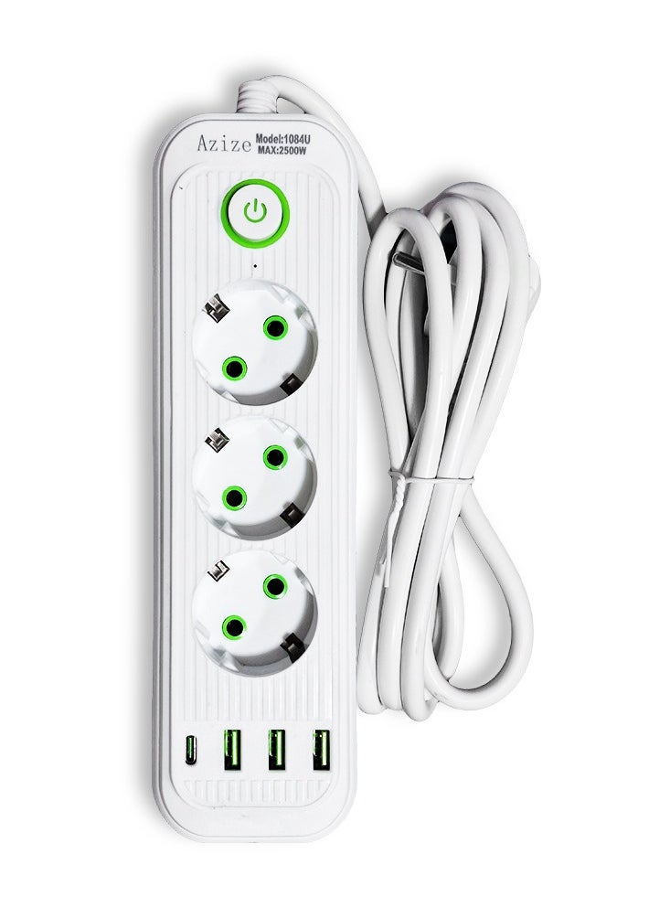 Generic Safety Electric Power Outlets Sockets 1084U , Multi Power Strip Surge Protector With 3 Outlets 2500W , Fast Charging Power Plug Extension Socket with 3 USB Port and 1 Type-C - White  - Image 1