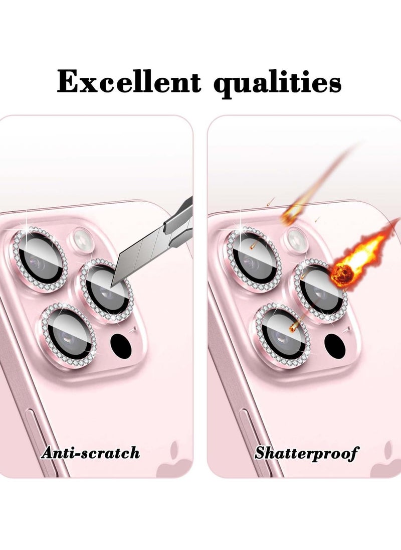 Raxoom "Pink Diamond Camera Lens Protector for iPhone 16 Pro/16 Pro Max â€“ Bling Tempered Glass Cover with Automatic Alignment Metal Rings and Glitter Film Stickers" - Image 4