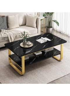 Luxury Black Marble Coffee Table with Gold Metal Frame, Modern Rectangular Design & Storage Shelf