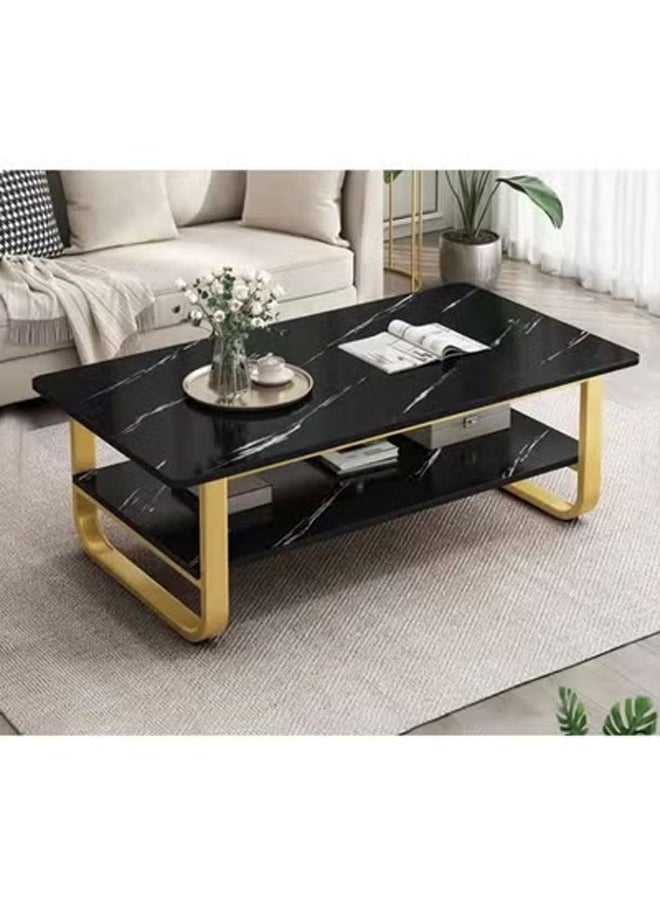 KLNAMAEAAN - Luxury Black Marble Coffee Table with Gold Metal Frame, Modern Rectangular Design & Storage Shelf - Image 1
