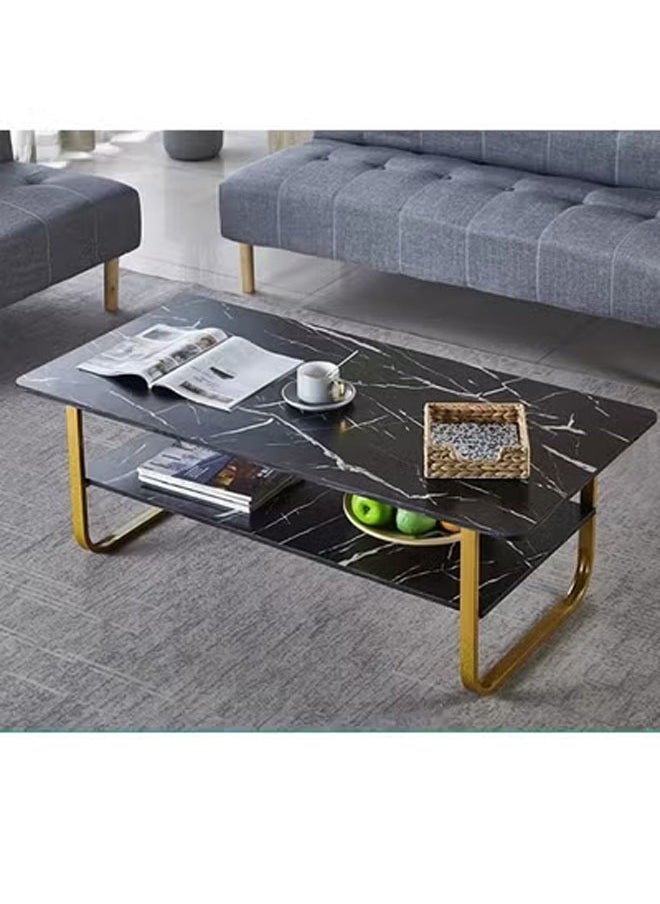 KLNAMAEAAN - Luxury Black Marble Coffee Table with Gold Metal Frame, Modern Rectangular Design & Storage Shelf - Image 1