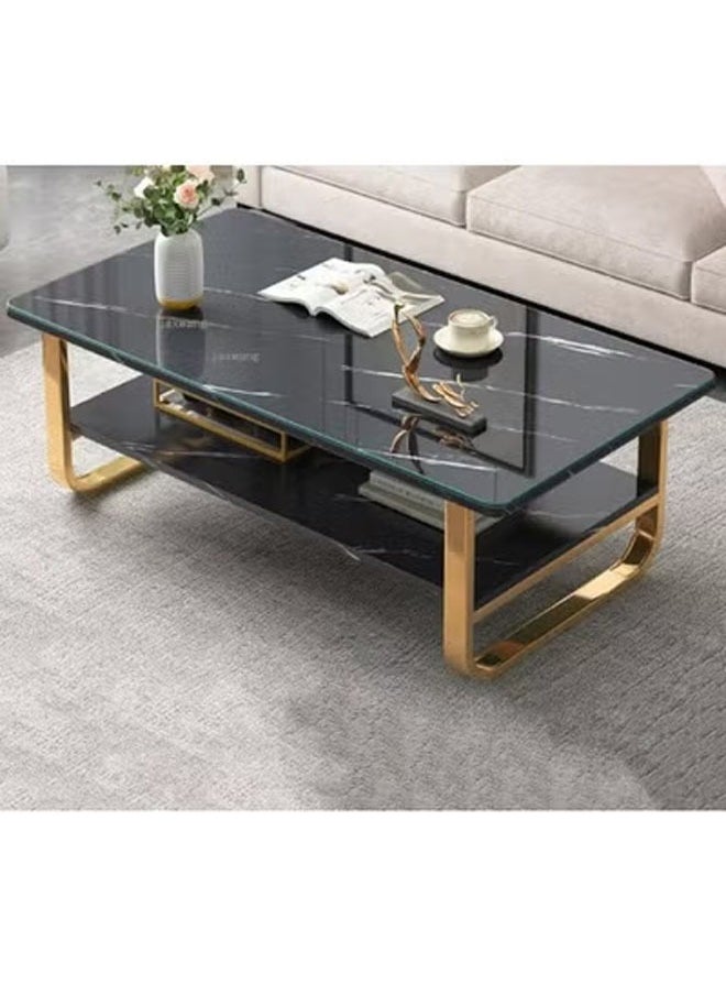 KLNAMAEAAN - Luxury Black Marble Coffee Table with Gold Metal Frame, Modern Rectangular Design & Storage Shelf - Image 1
