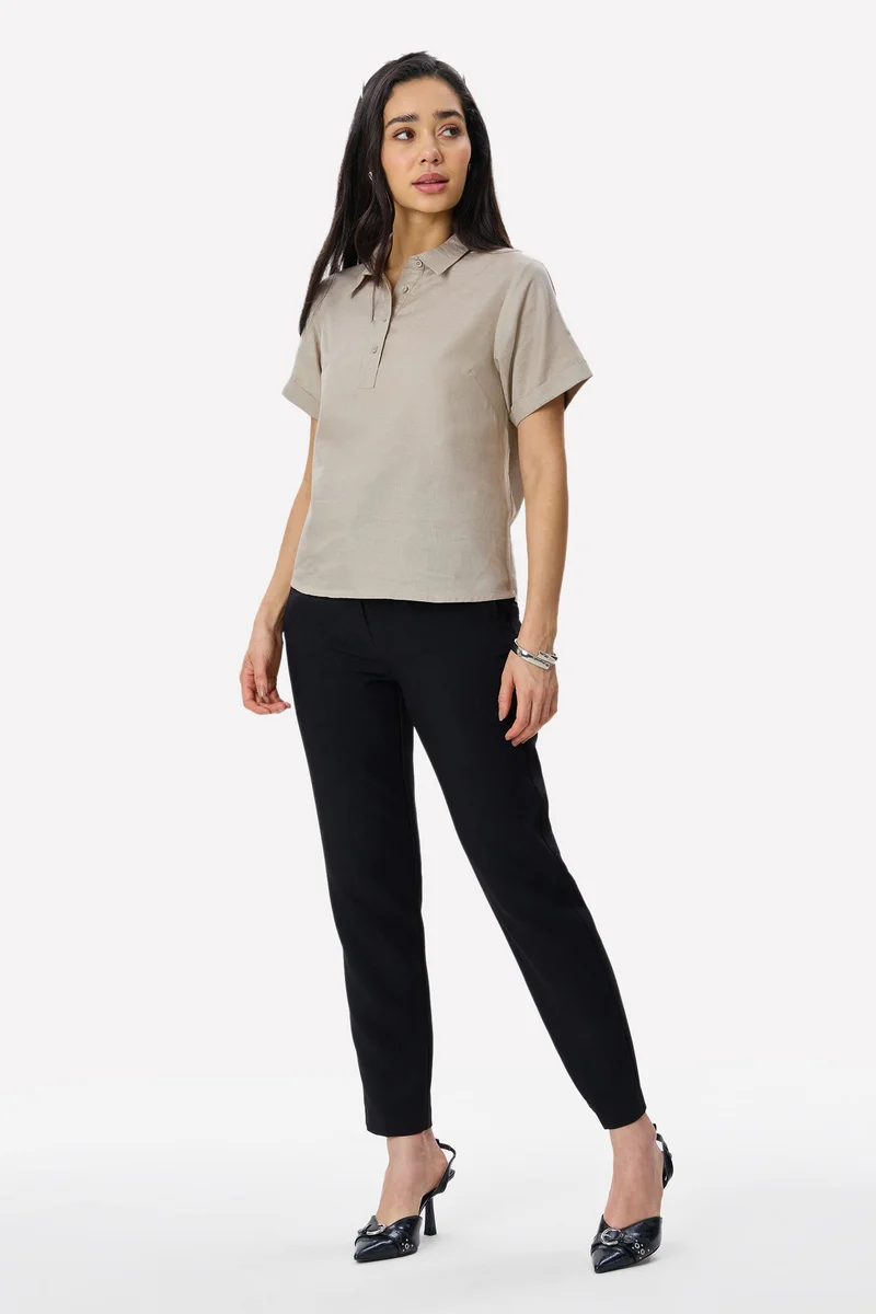 فيرجيو Solid Cotton Rolled-Up Sleeve Shirt for Women