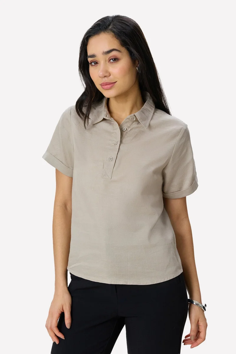 Virgio Solid Cotton Rolled-Up Sleeve Shirt for Women