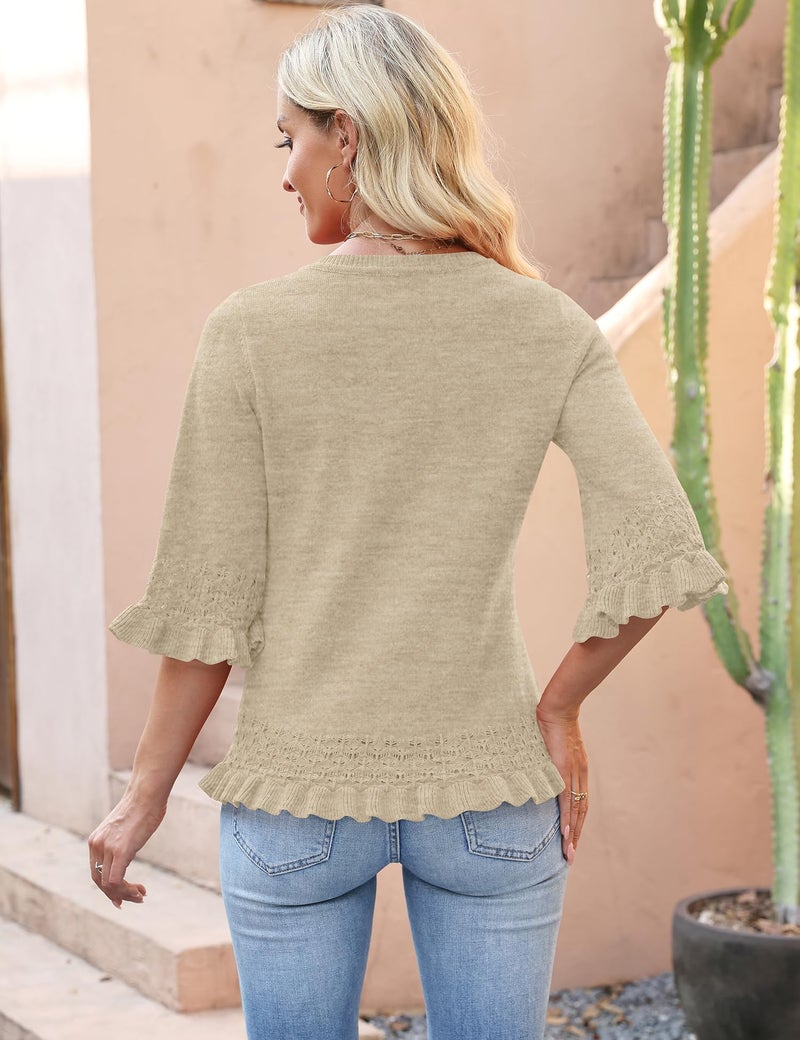 LOMON V Neck Sweaters for Women Lightweight 3/4 Sleeve Sweater Comfy Knit Pullover Tops Dressy Casual Clothing Apricot M - Image 4