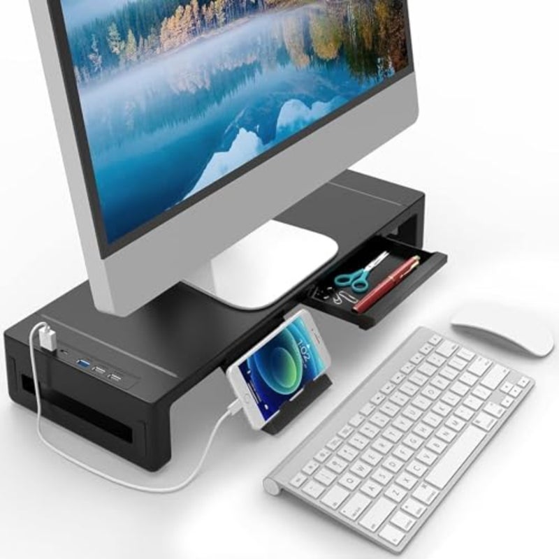 Monitor Stand Riser, Foldable Computer Monitor Stand for Desk with USB 3.0 and Charging Prot, Laptop and Monitor Riser for Desk with Storage Drawer and Tablet Phone Hold - Image 1