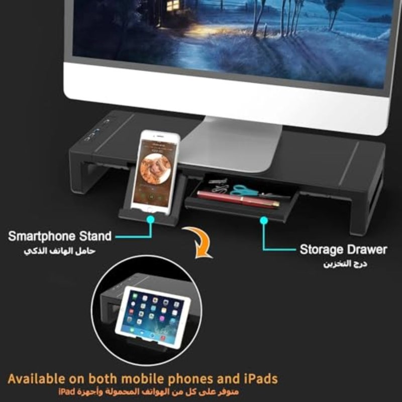 Monitor Stand Riser, Foldable Computer Monitor Stand for Desk with USB 3.0 and Charging Prot, Laptop and Monitor Riser for Desk with Storage Drawer and Tablet Phone Hold - Image 3