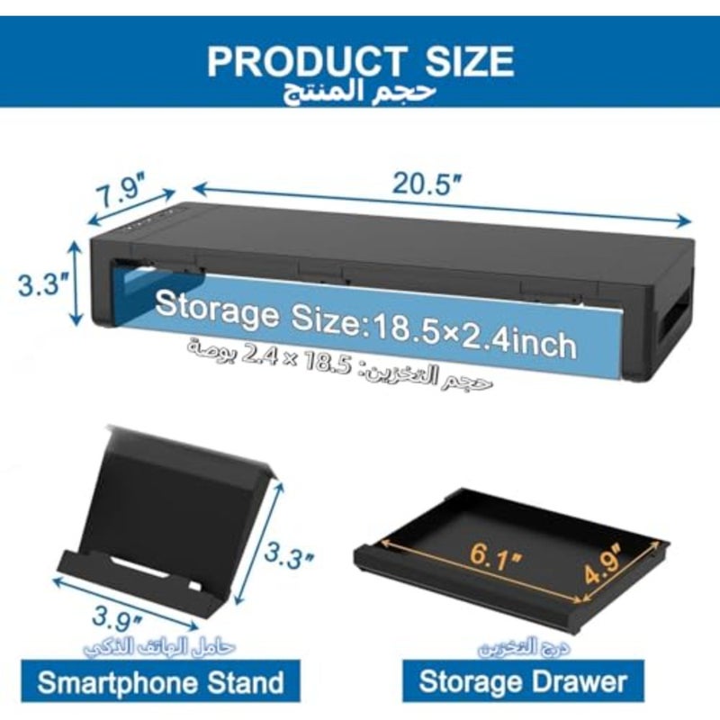 Monitor Stand Riser, Foldable Computer Monitor Stand for Desk with USB 3.0 and Charging Prot, Laptop and Monitor Riser for Desk with Storage Drawer and Tablet Phone Hold - Image 5