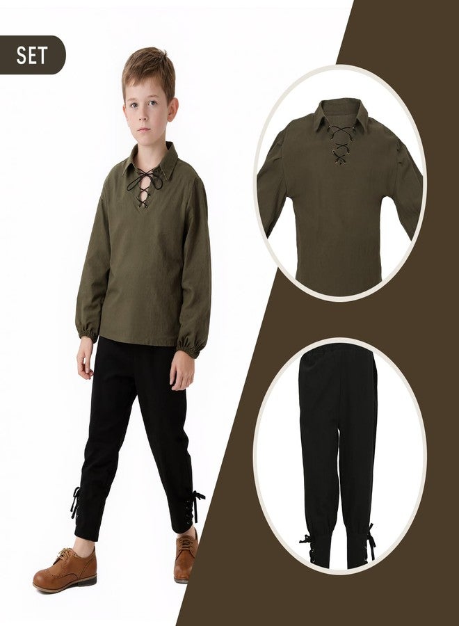VZQI Kids Medieval Lace-Up Neck Shirt Long Sleeve Wide Cuffs Boys Renaissance Pirate Top Halloween Costume Green with Pant 4'3''-4'9'' - Image 3