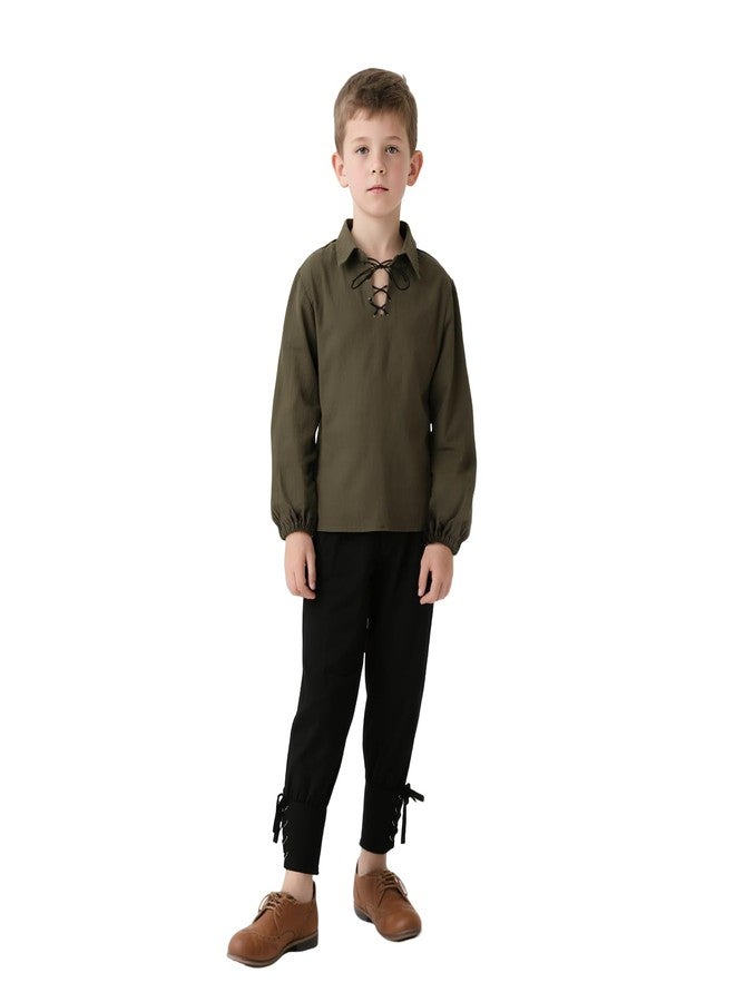 VZQI Kids Medieval Lace-Up Neck Shirt Long Sleeve Wide Cuffs Boys Renaissance Pirate Top Halloween Costume Green with Pant 4'3''-4'9'' - Image 2