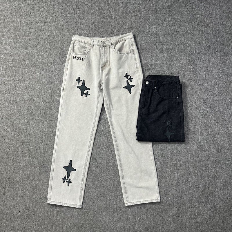 Broken Planet Embroidered Cross Straight Leg Jeans 8011 black