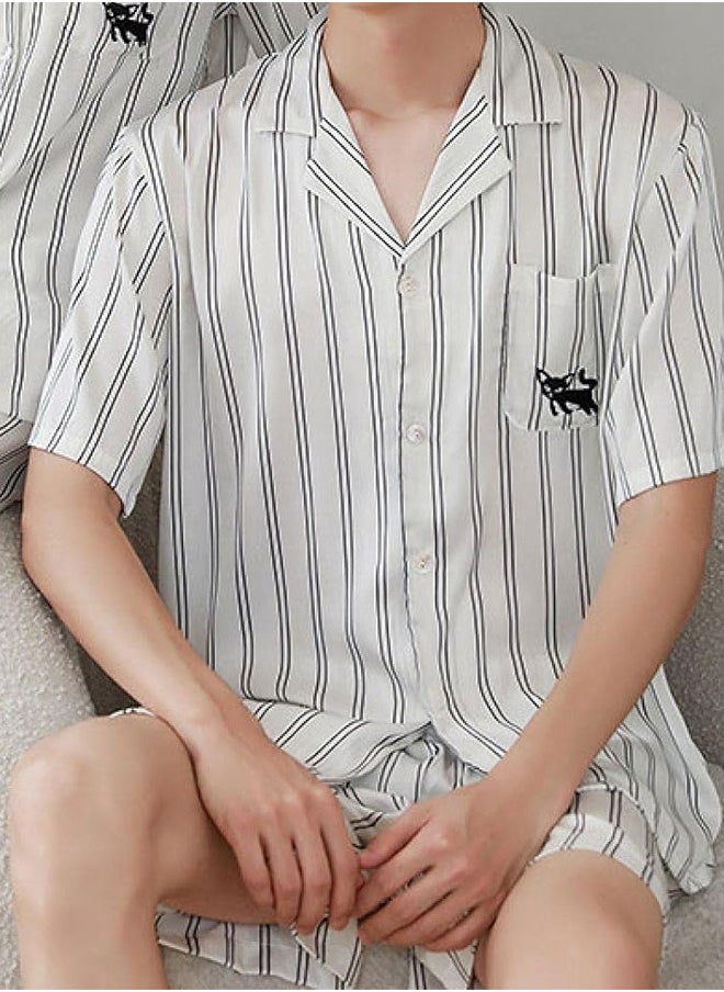 MARGOUN Couple Matching Stripe Half Sleeve Shirt and Shorts Pajamas Men Women Cotton Spring Summer 2Pcs Set White MG09  - Image 5