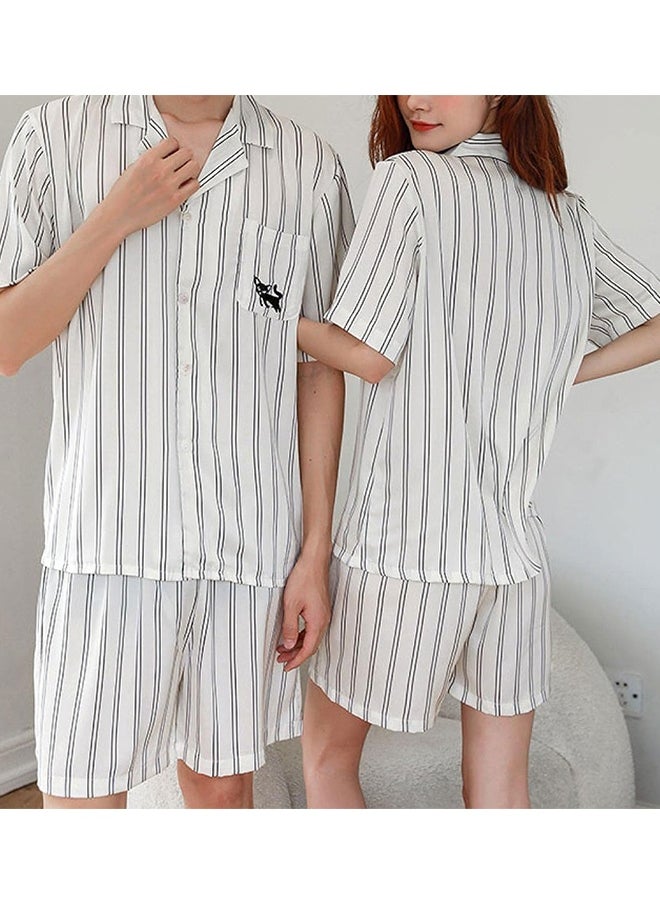MARGOUN Couple Matching Stripe Half Sleeve Shirt and Shorts Pajamas Men Women Cotton Spring Summer 2Pcs Set White MG09  - Image 1