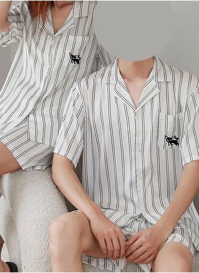 MARGOUN Couple Matching Stripe Half Sleeve Shirt and Shorts Pajamas Men Women Cotton Spring Summer 2Pcs Set White MG09  - Image 4