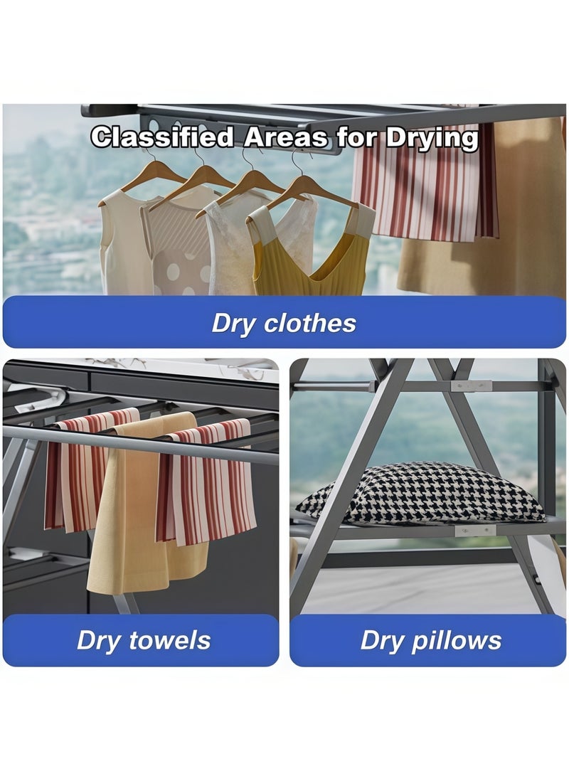 AETHER Heavy Duty Stainless Steel 3 Tier Folding Clothes Drying Rack 23 PC Set Adjustable Height with Wheels - Image 2