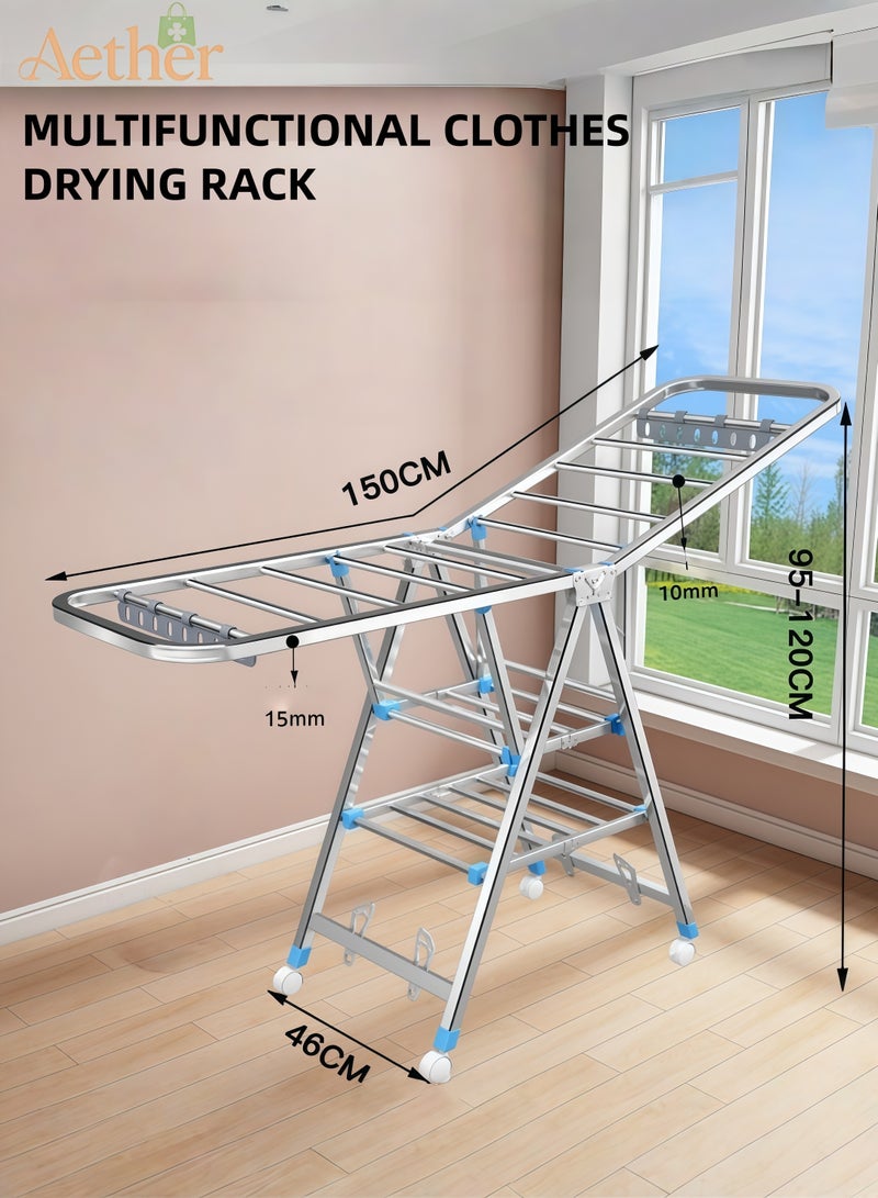 AETHER Heavy Duty Stainless Steel 3 Tier Folding Clothes Drying Rack 23 PC Set Adjustable Height with Wheels - Image 1