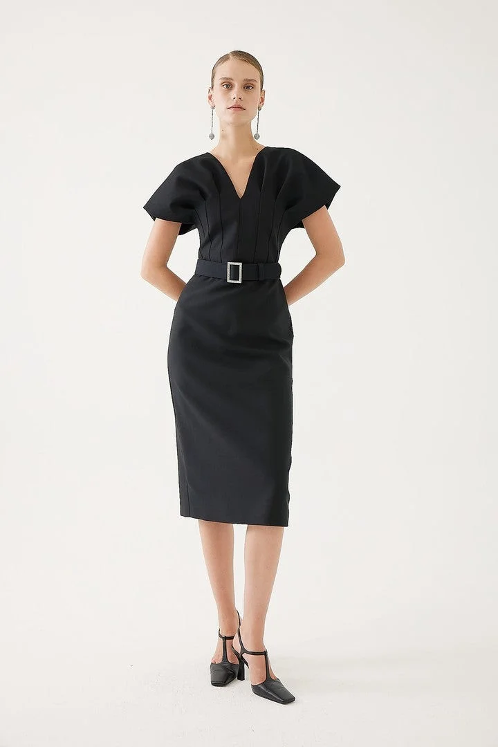 EXQUISE Belted Slim Fit Midi Black Dress