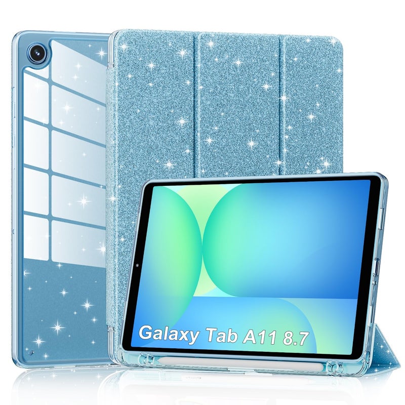 Lainergie Case for Samsung Galaxy Tab A11 8.7 Inch 2025 (Model: SM-X130/X133/X135), Cute Glittering Sparkly Shockproof Cover with Sparkly Crystal Clear Back and Pencil Holder for Galaxy Tab A11, Blue - Image 1