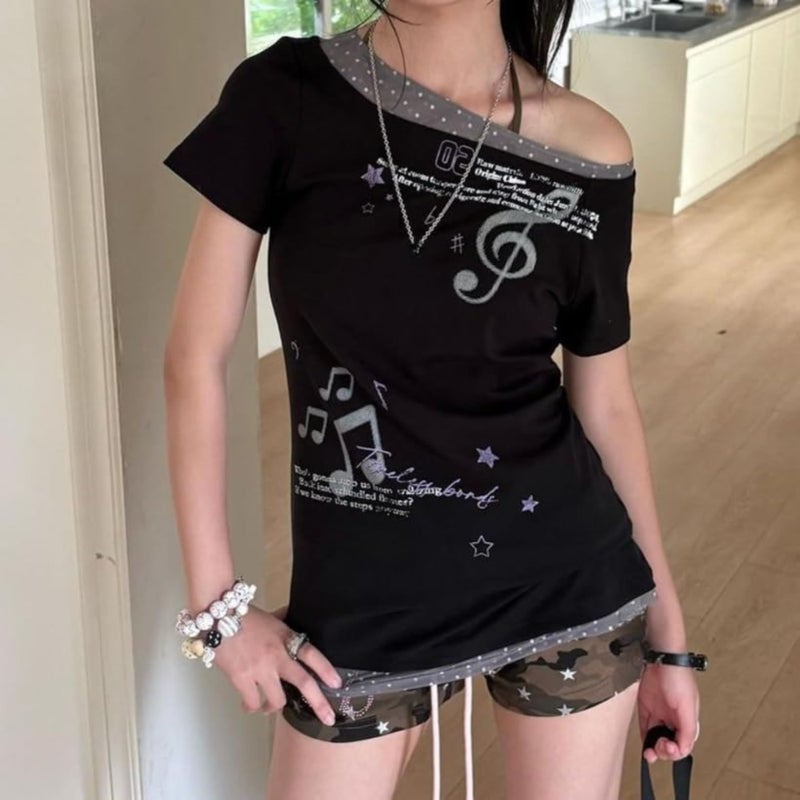 RICHTRUE Cutecore Harajuku Y2k Baby Tee Cute Kawaii Emo Grunge Shirt Women Vintage Graphic Tees Short Sleeve Alt Tops 2000s (Black Grey Polka Dot,Large) - Image 4