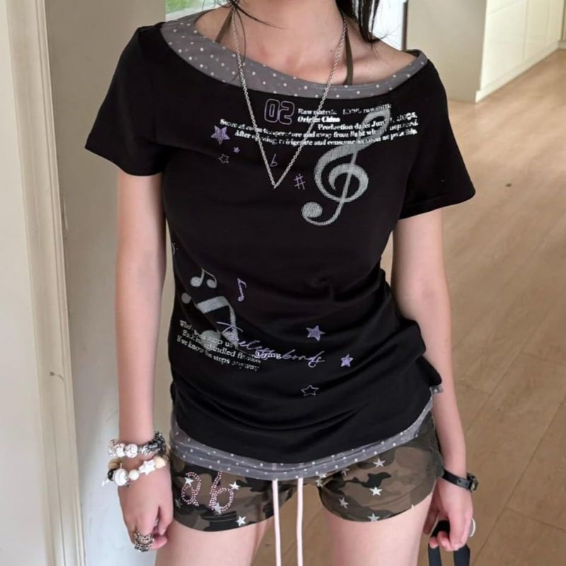 RICHTRUE Cutecore Harajuku Y2k Baby Tee Cute Kawaii Emo Grunge Shirt Women Vintage Graphic Tees Short Sleeve Alt Tops 2000s (Black Grey Polka Dot,Large) - Image 3