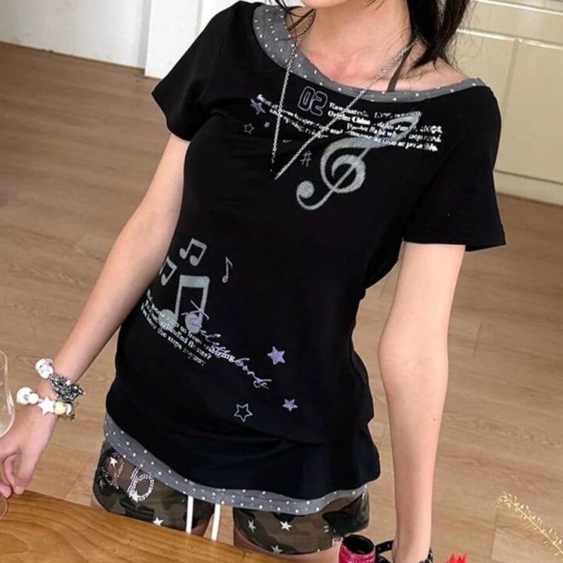 RICHTRUE Cutecore Harajuku Y2k Baby Tee Cute Kawaii Emo Grunge Shirt Women Vintage Graphic Tees Short Sleeve Alt Tops 2000s (Black Grey Polka Dot,Large) - Image 5