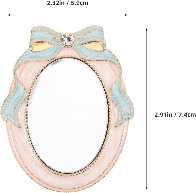 KICHOUSE Portable Travel Makeup Mirror with Rhinestone Bowknot, Vintage Small Compact Pocket Vanity Mirror for Women, Blue Macaron Color for Everyday Use and Office - Image 2