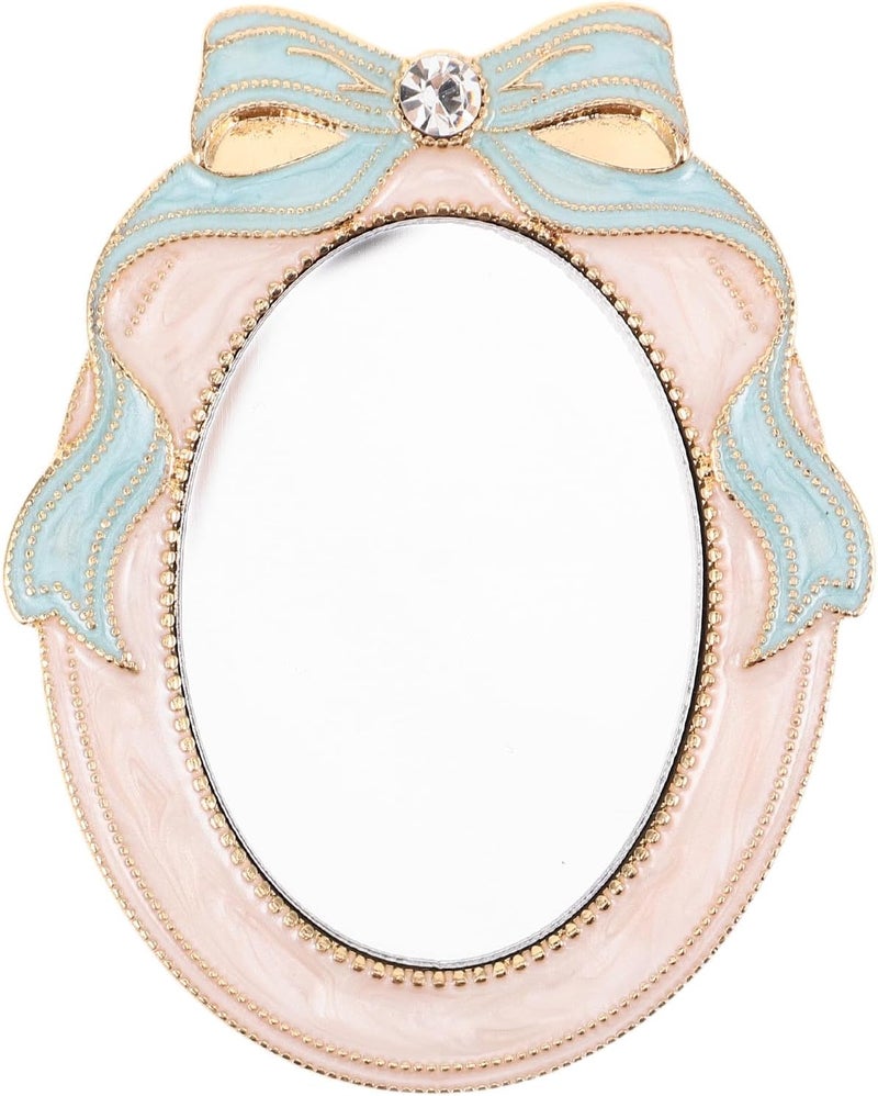 KICHOUSE Portable Travel Makeup Mirror with Rhinestone Bowknot, Vintage Small Compact Pocket Vanity Mirror for Women, Blue Macaron Color for Everyday Use and Office - Image 1