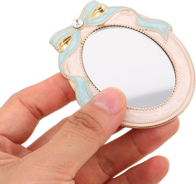 KICHOUSE Portable Travel Makeup Mirror with Rhinestone Bowknot, Vintage Small Compact Pocket Vanity Mirror for Women, Blue Macaron Color for Everyday Use and Office - Image 4